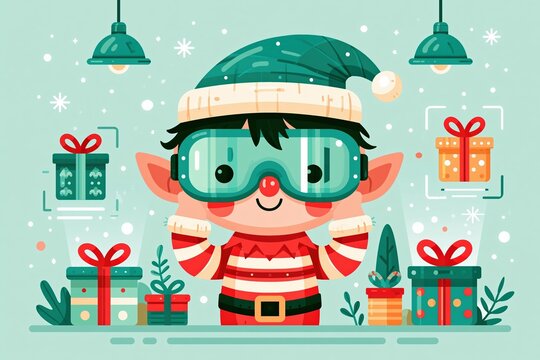 Cute elf in Santa's workshop wearing virtual reality glasses to design toys, with digital holograms of presents floating nearby.