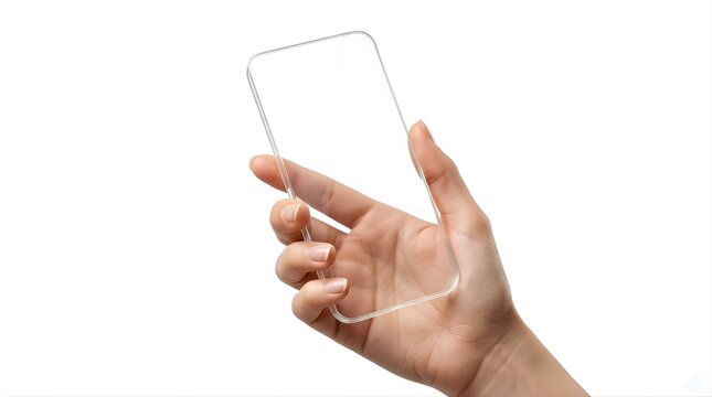 Hand holding a transparent digital mobile phone device against white background