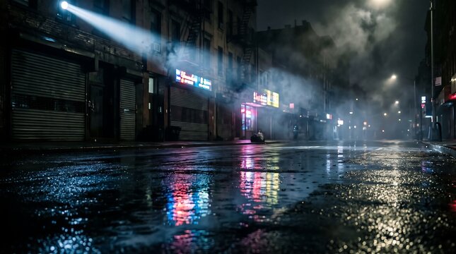 Atmospheric city street at night after rain with wet asphalt reflection and dramatic smoky searchlight.