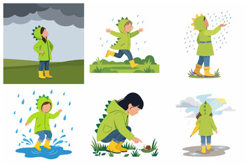 Fototapeta premium Set of flat vector illustrations featuring a young girl in a green dinosaur raincoat and yellow boots playing, jumping in puddles, and enjoying rainy weather outdoors.
