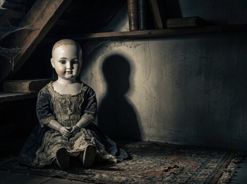 Creepy antique porcelain doll in dark haunted attic with atmospheric shadows and copy space for horror concept.