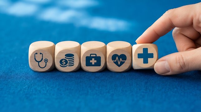 Hand arranging wooden medical dice with healthcare icons for insurance and wellness planning