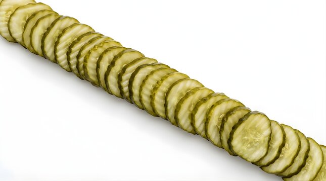 Row of sliced fresh green pickles arranged on white background