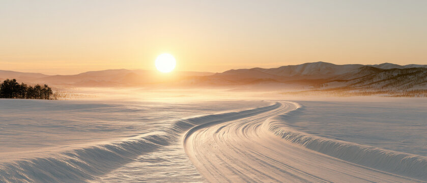 Snowy landscape with sun setting over winter trail in the mountains  