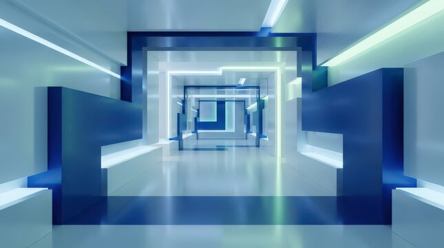 Futuristic hallway features glowing geometric arches and modern blue architecture.