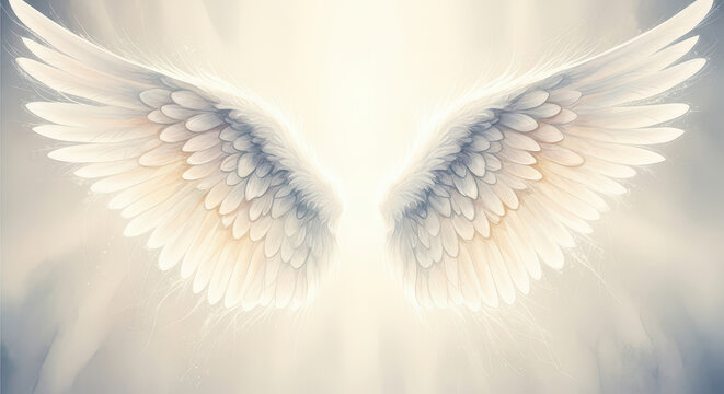 Angel wing pair white feather glowing light soft sky ethereal art symmetry heavenly abstract background serene mood
