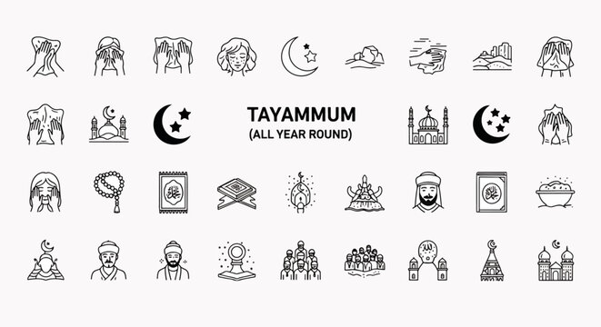 Tayamum Illustration Set All Year Round Vector Graphics Islamic Rituals Icons and Symbols for Design