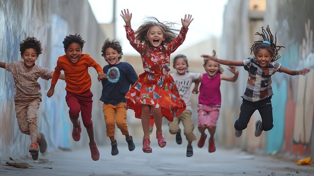 Diverse group of joyful children jumping and running together outdoors with big smiles and enthusiasm