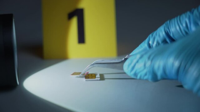 Gloved hand using tweezers to pick up SIM card at evidence marker one, flashlight beam illumination, dark cybercrime scene, forensic examination, close up shot