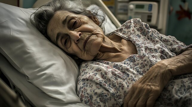 Elderly woman peacefully sleeping in hospital bed, resting with dignity and frail beauty