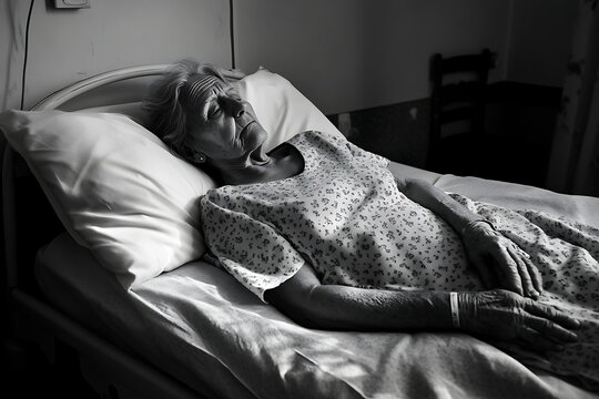 Elderly woman resting peacefully in hospital bed, monochromatic with floral pattern dress