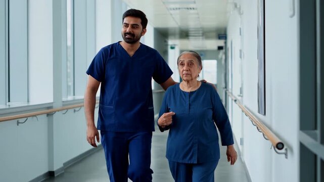Man in blue scrubs walks beside older woman through bright clinical corridor, keeping one arm near her shoulder as they move toward camera past windows and wall handrails
