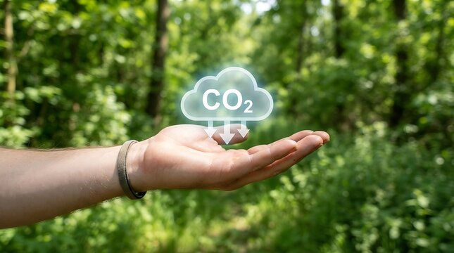 Hand holding a glowing CO2 reduction icon against a blurred natural forest background