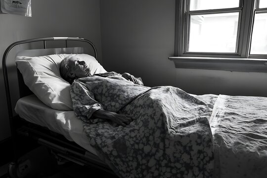 Elderly woman rests peacefully in hospital bed near window in grayscale lighting