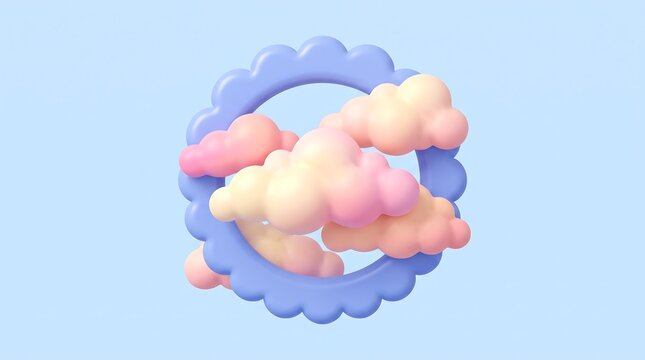 Minimalist 3d pastel clouds inside scalloped blue circle frame for creative landing page background.