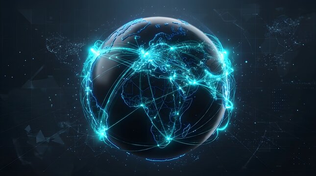 Glowing dark digital globe with interconnected glowing communication lines and data streams. Concept for global connectivity, internet, and telecommunications.