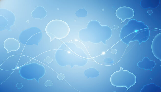 Blue speech bubble background with glowing line and cloud icon pattern, abstract communication technology backdrop