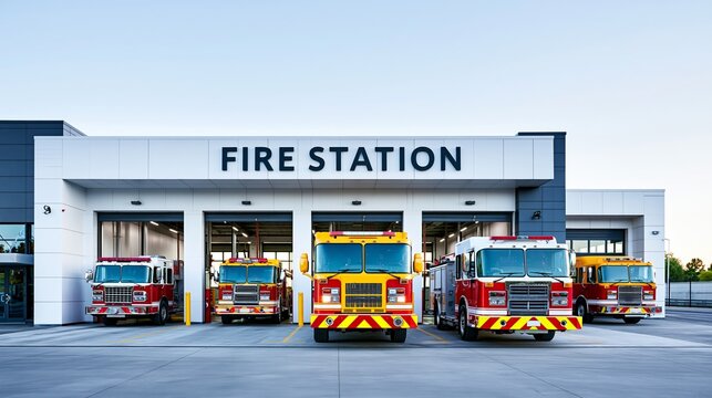 Fire station building showing multiple emergency fire trucks parked in open bays, symbolizing readiness and community safety