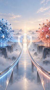 Digital Convergence: A futuristic bridge, illuminated by contrasting blue and red digital networks, arcs over a misty chasm towards a glowing gateway, symbolizing connectivity and innovation.