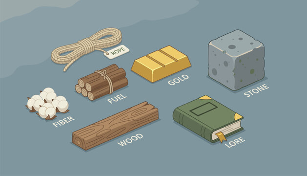 Isometric icons of various crafting materials including rope wood fuel gold stone fiber and a lore book on a gray background.