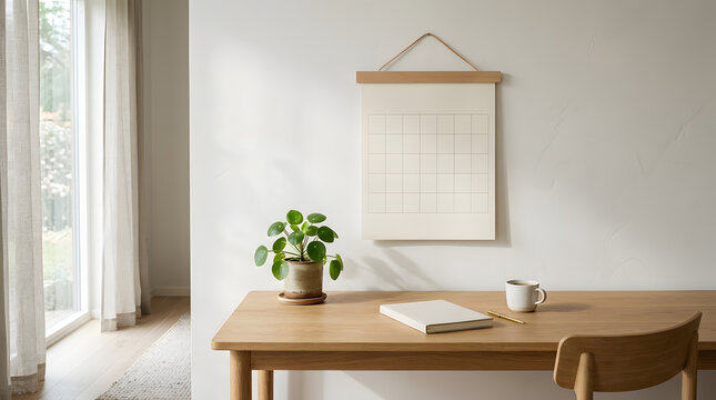 Minimalist home office workspace with blank wall calendar mockup and wooden desk for brand campaign and corporate productivity themes.