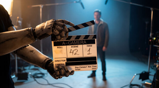 Movie clapboard closeup film set robotic hand hand film production studio camera scene take director roll clapperboard cinema filmmaking production crew stage actor blurred background blue light