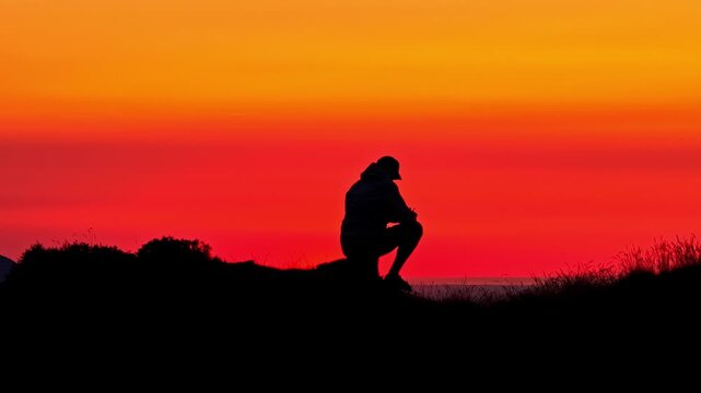 Lonesome person sitting on a hilltop in deep thought while watching the colorful dusk sky