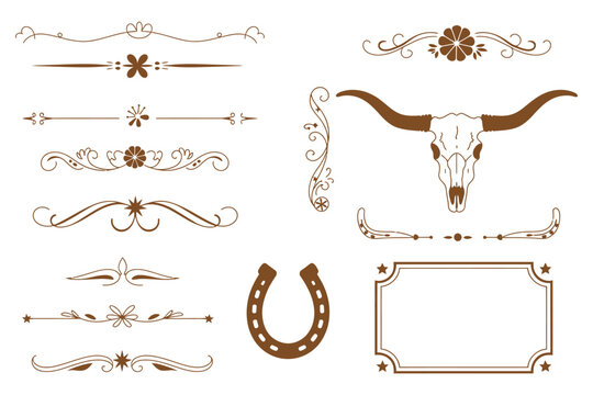vintage western ornamental dividers borders flourishes featuring longhorn skull and horseshoe motifs for rustic wedding invitations ranch branding stationery and decorative design elements