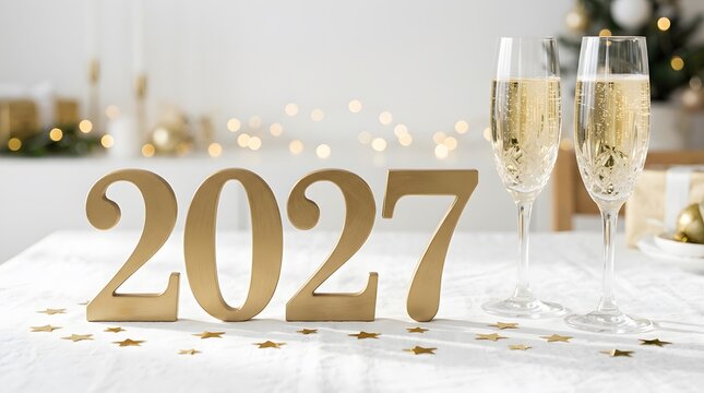 Golden 2027 numbers on a table with champagne flutes for new year celebration