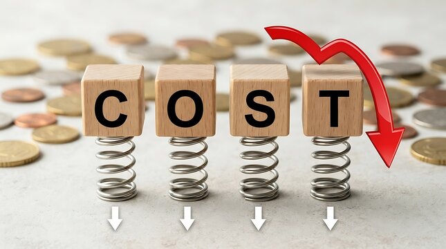 Wooden blocks spelling COST on metal springs with a red downward arrow for price reduction.