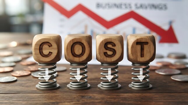 Wooden blocks spelling COST on springs with a declining business savings chart background