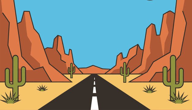 Iconic desert landscape features a long asphalt road stretching between tall red rock formations and green saguaro cacti.