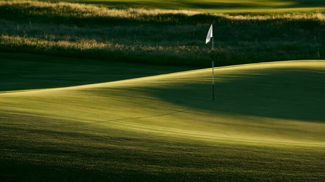 Golf course landscape with flag at sunset in a quiet setting