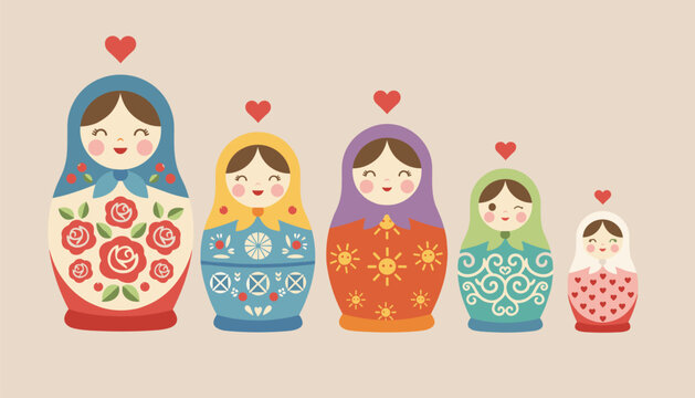 Set of five colorful russian nesting dolls of varying sizes, decorated with hearts and floral patterns in a row.