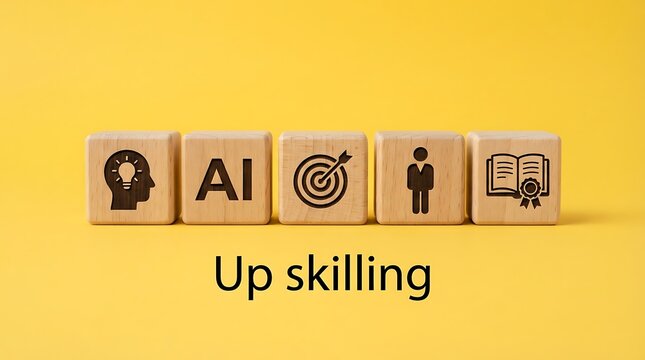Wooden blocks with AI upskilling icons on a yellow background for professional development.