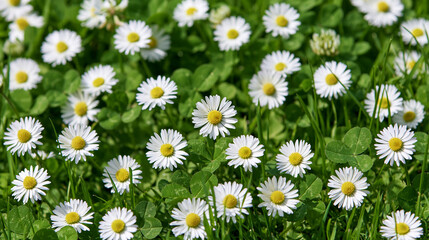 Fototapeta premium A vibrant meadow blooming with white daisies and lush green grass in bright daylight. Perfect for nature backgrounds and springtime design concepts.