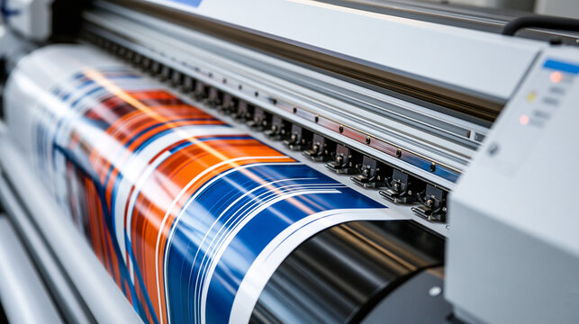Industrial large format printer printing vibrant colorful banners in a bright workshop. Ideal for commercial printing and manufacturing industry concepts.