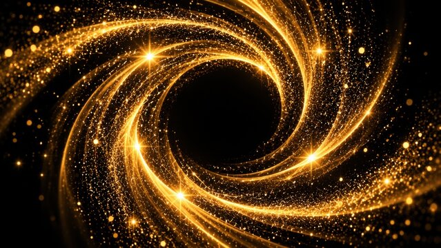 Swirling golden vortex of light particles creates dynamic tunnel effect for abstract backdrops.