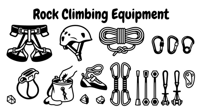 rock climbing equipment featuring climbing ropes carabiners harnesses helmets chalk bags climbing shoes belay devices quickdraws protection gear and outdoor vector illustration set for mountain sport