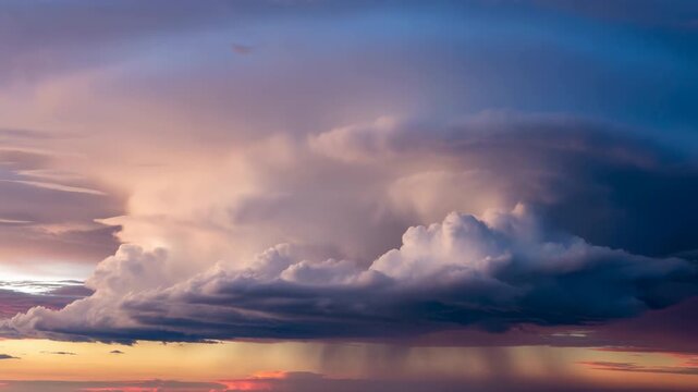 Towering storm clouds billow across a glowing sunset horizon, with dark layered cloud bases, warm orange light, cool blue sky, and a brief lightning bolt beneath the cloud bank