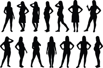 Fototapeta premium Collection of Female Fashion Silhouettes in Various Standing Poses Isolated on White Background