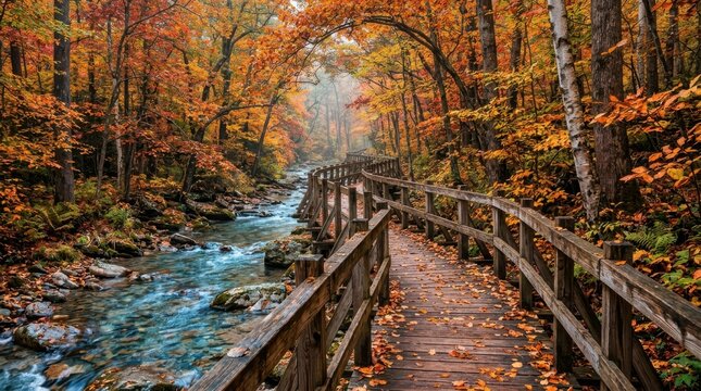 Rustic wooden walkway crossing blue river in dense autumn forest with golden leaves and misty background.