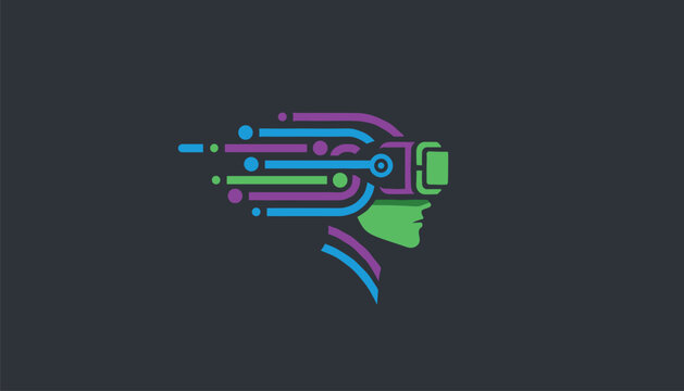 Colorful abstract head icon wearing a virtual reality headset with data stream lines represents modern digital technology.