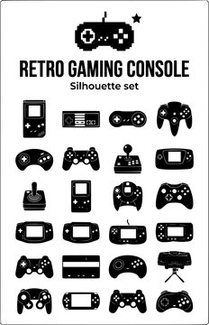 Retro Gaming Console Controller Silhouette Set Black White Nostalgia Bundle Vector Illustration	