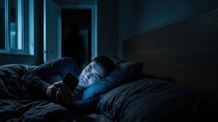 Fototapeta premium Fearful young man in dark bedroom using smartphone with mysterious shadowy figure in doorway, cinematic suspense with copy space