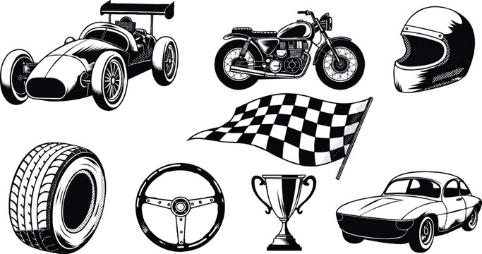 Vintage motorsport vector set containing eight separate isolated objects: classic racing car, vintage racing motorcycle, leather racing helmet, checkered racing flag, racing tire, classic steering whe
