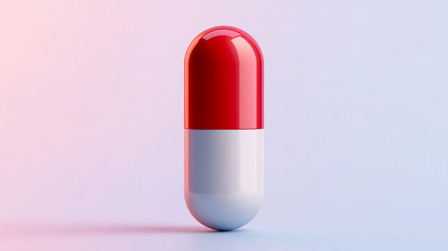 A single red and white capsule pill stands vertically against a soft gradient background. Perfect for healthcare and pharmaceutical medical concepts.