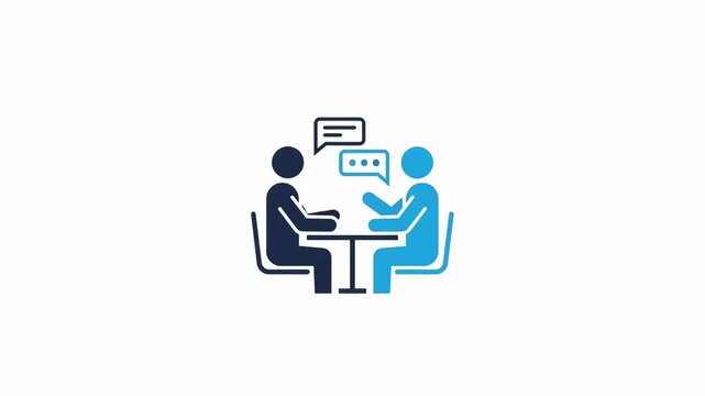 Two people sitting at a table having a business meeting or conversation, flat vector icon design, animated 4k stick video