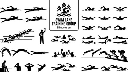 Fototapeta premium Swimming Pool Lane Training Group Silhouette Set Black White Sport Bundle Vector Illustration Isolated 
