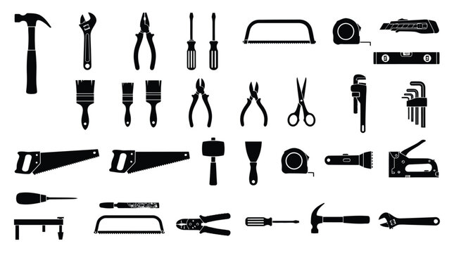 Collection of black silhouettes depicting various hand tools on a white background